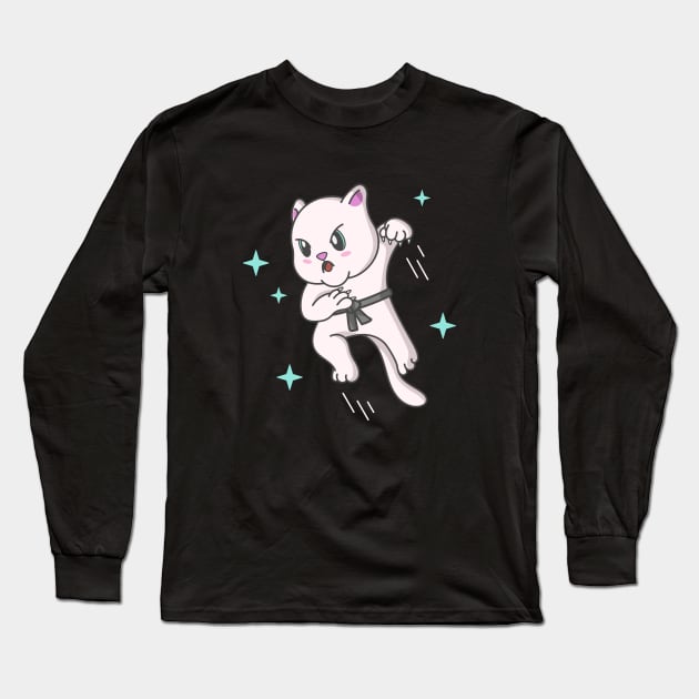 Kawaii Cat Ninja Kitten Fighter Karate Long Sleeve T-Shirt by Foxxy Merch